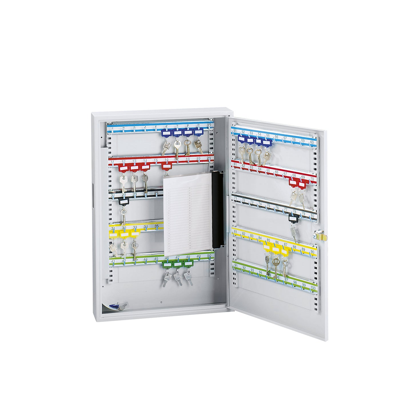 Key cabinet, painted grey, with access slot, with 42 hooks.