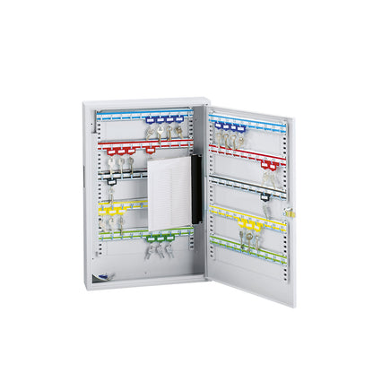 Key cabinet, painted grey, with access slot, with 64 hooks.