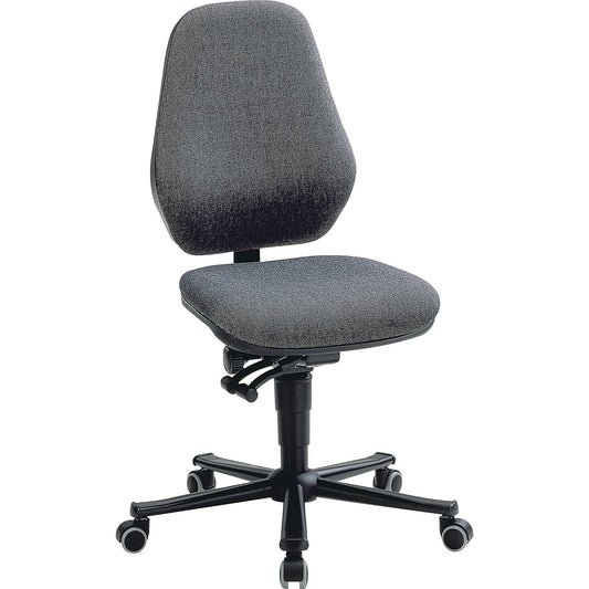 Industrial chair, synchronous mechanism, with castors, fabric covering.