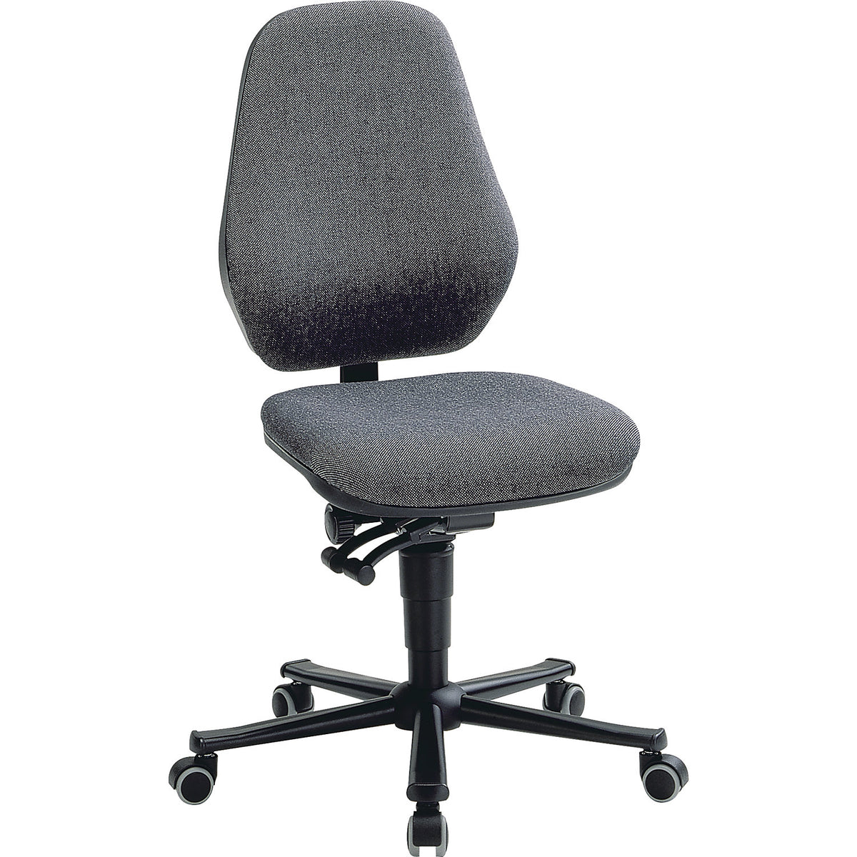 Industrial chair, synchronous mechanism, with castors, fabric covering.