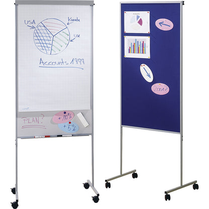 Flipchart/pinboard centre, flip chart and dry-wipe board, HxWxD 1805 x 675 x 510 mm.