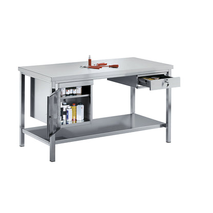 Stainless steel work table, 1 base cupboard, 1 drawer, 1 full length shelf, width 2400 mm.