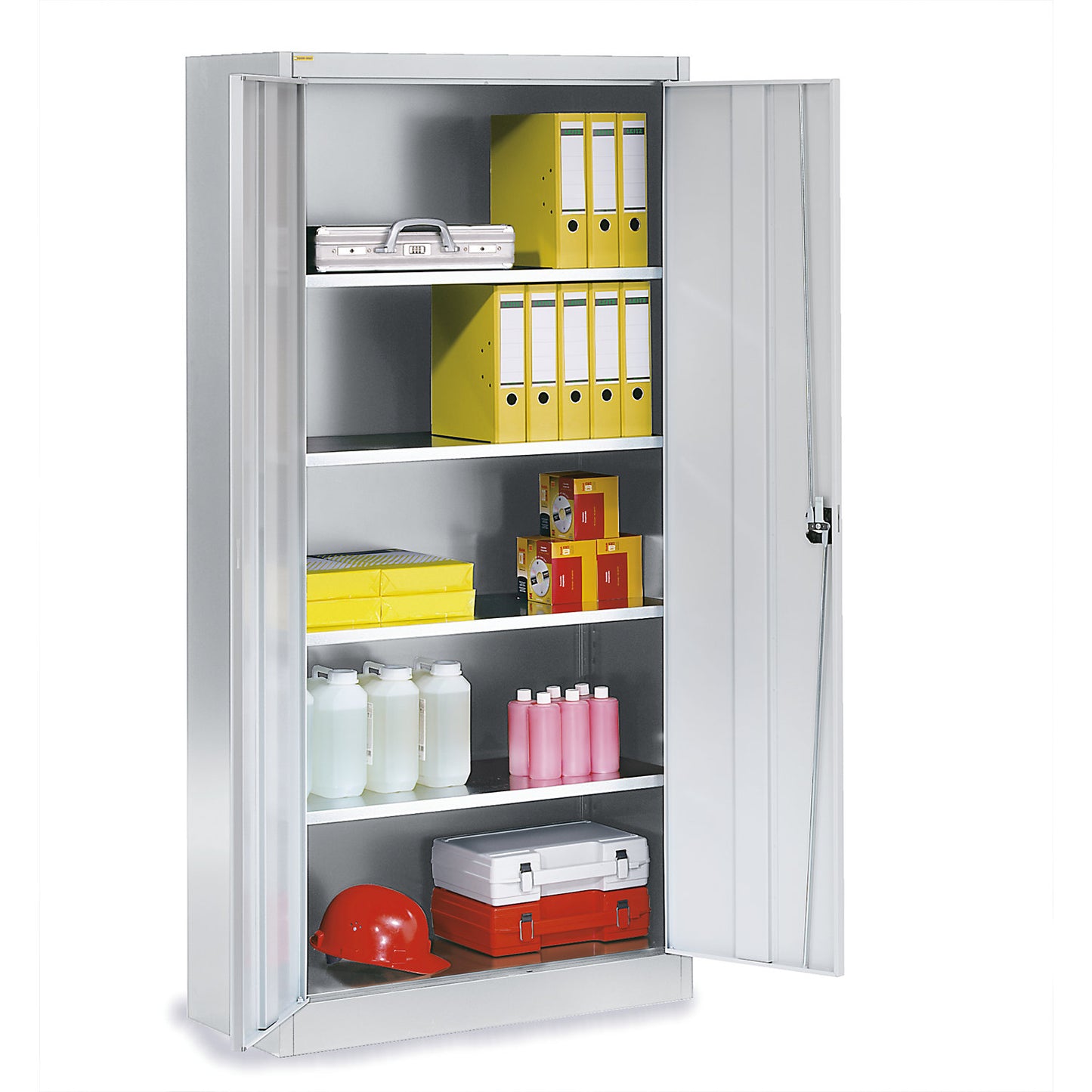 Storage cupboard, HxW 1950 x 950 mm, depth 420 mm, housing and doors light grey.