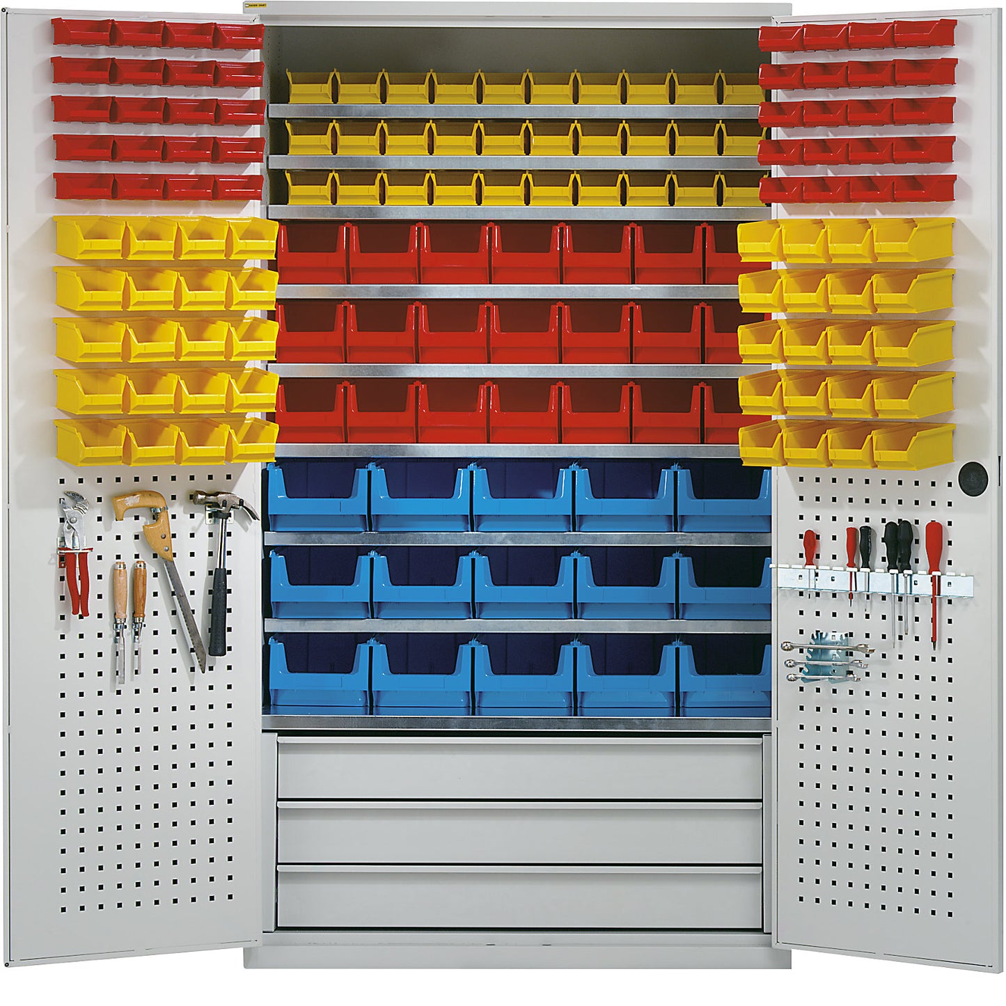 Large cupboard, 9 shelves, 146 open fronted storage bins, 3 drawers, light grey.