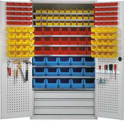 Large cupboard, 9 shelves, 146 open fronted storage bins, 3 drawers, light grey.