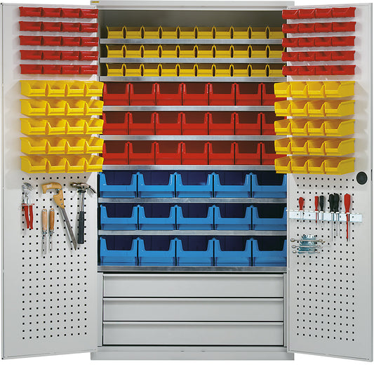 Large cupboard, 9 shelves, 146 open fronted storage bins, 3 drawers, light grey.