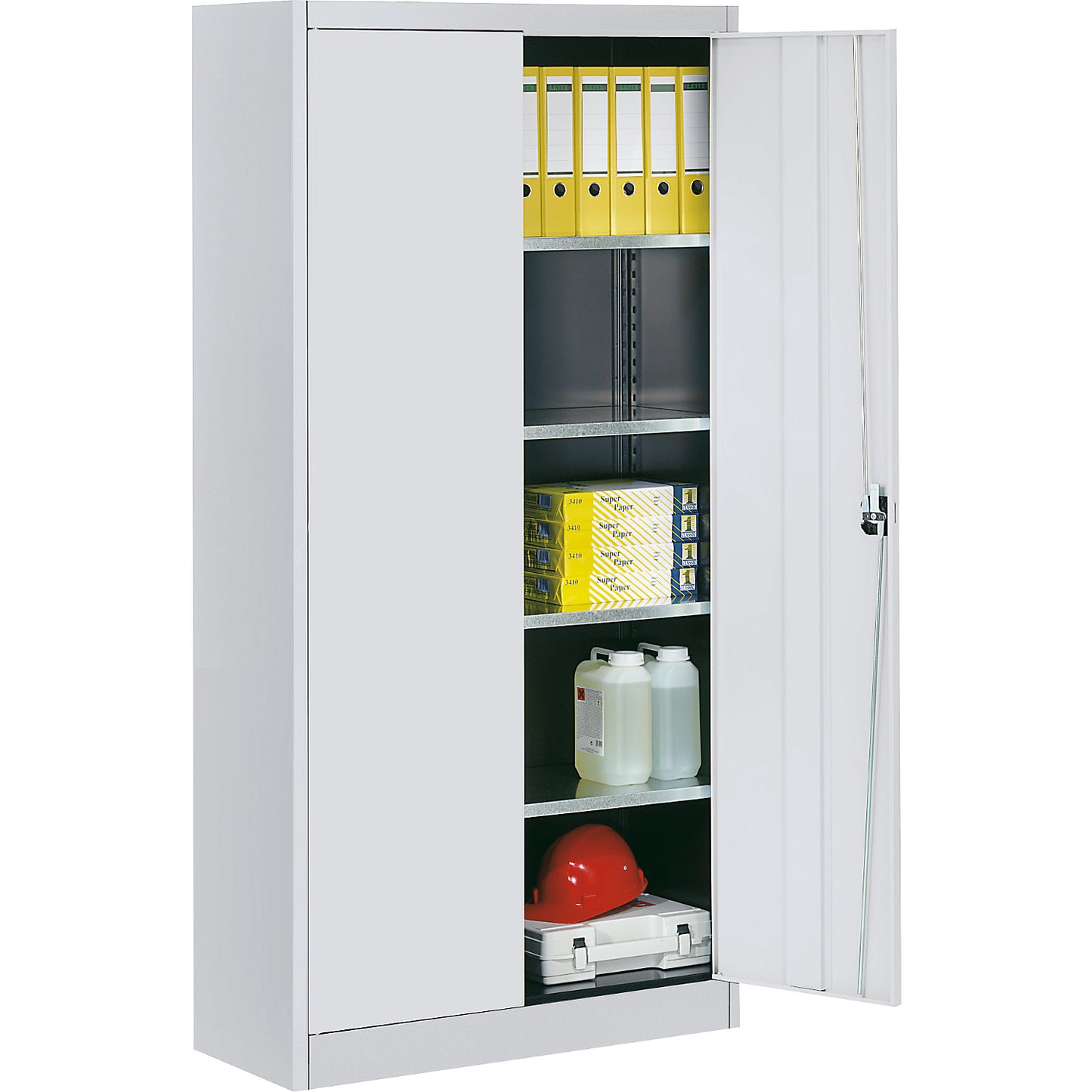 Storage cupboard, HxW 1950 x 950 mm, depth 500 mm, housing and doors light grey.