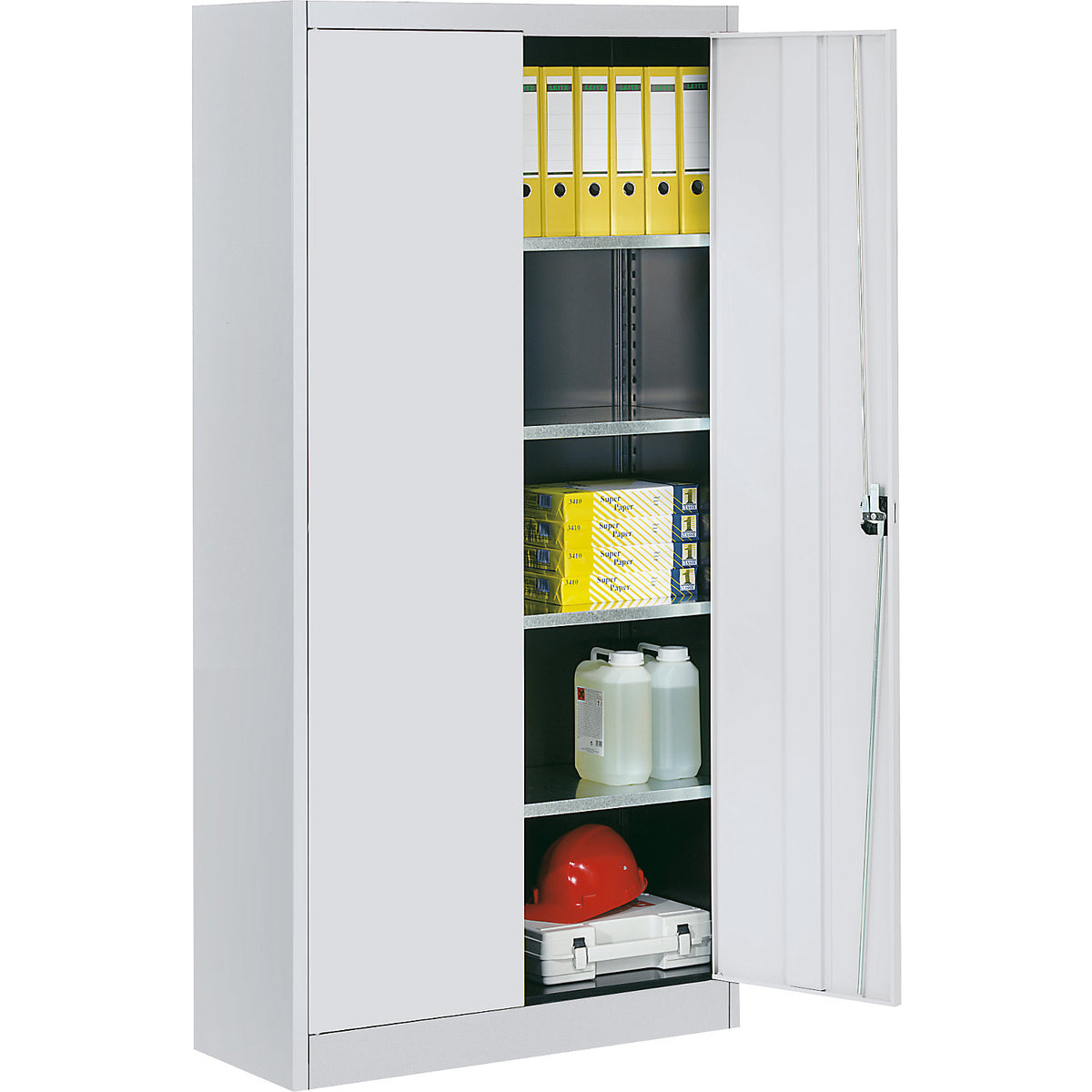 Storage cupboard, HxW 1950 x 950 mm, depth 420 mm, housing and doors light grey.