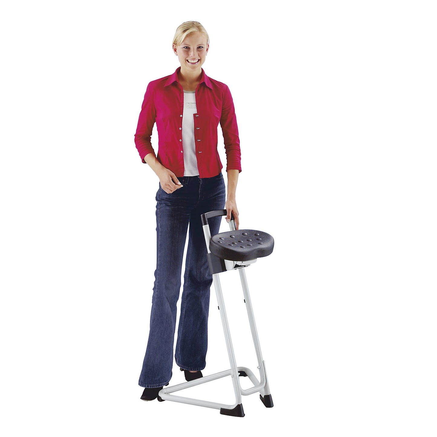 Anti-fatigue stool, tubular steel, infinite height adjustment 600 - 850 mm, light grey.