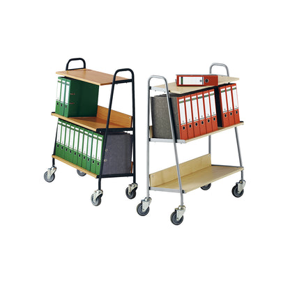 Folder trolley with 2 shelves, LxWxH 850 x 350 x 1070 mm, black / beech finish.
