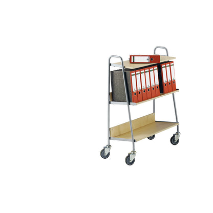 Folder trolley with 2 shelves, LxWxH 850 x 350 x 1070 mm, silver / maple wood finish.