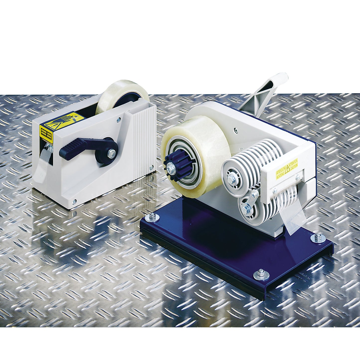 Semi-automatic adhesive tape dispenser, for tape widths of 19 to 75 mm, variable length setting.