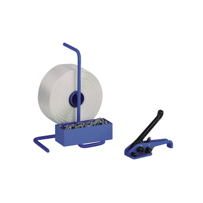 Strapping set, bonded reinforced PET strapping, tensioning tool, portable strap dispenser, strap, metal buckles, strap width 16 mm.