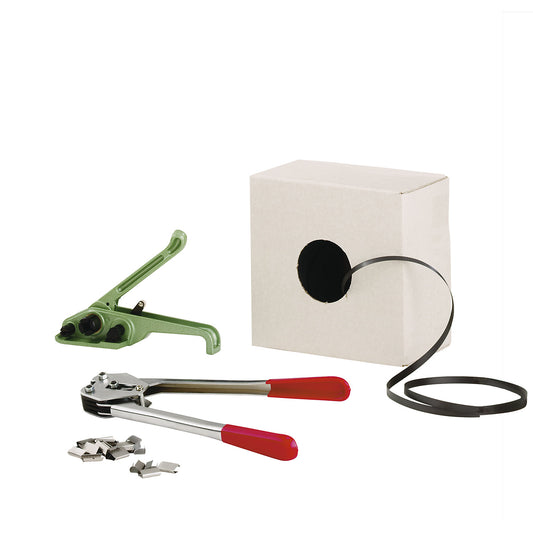 Strapping set, PP strapping, tensioning tool, sealing tongs, strap in dispenser box, seals, strap width 16 mm.