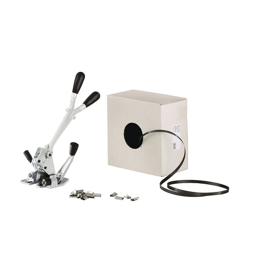 Strapping set, PP strapping, tensioning and sealing tool, strap in dispenser box, seals, strapping width 16 mm.