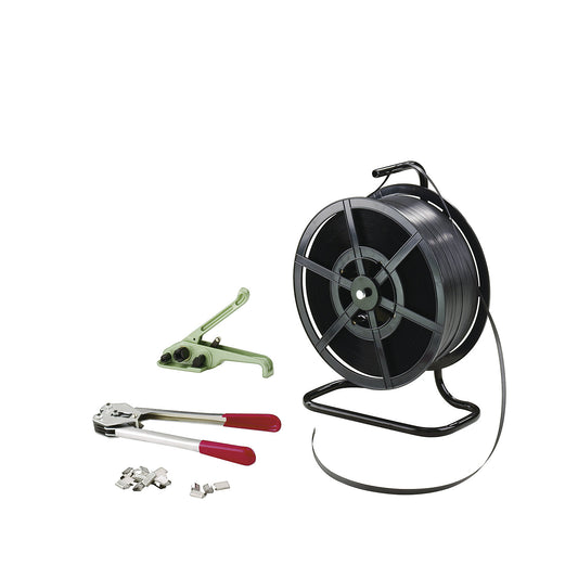 Strapping set, PP strapping, tensioning tool, sealing tongs, portable strap dispenser, strap, seals, strap width 12 mm.