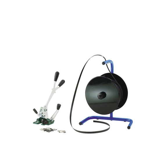 Strapping set, PP strapping, tensioning and sealing tool, portable strap dispenser, strap, seals, strapping width 16 mm.