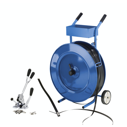 Strapping set, PP strapping, tensioning and sealing tool, strap dispenser, strap, seals, threading rod, strap width 13 mm.
