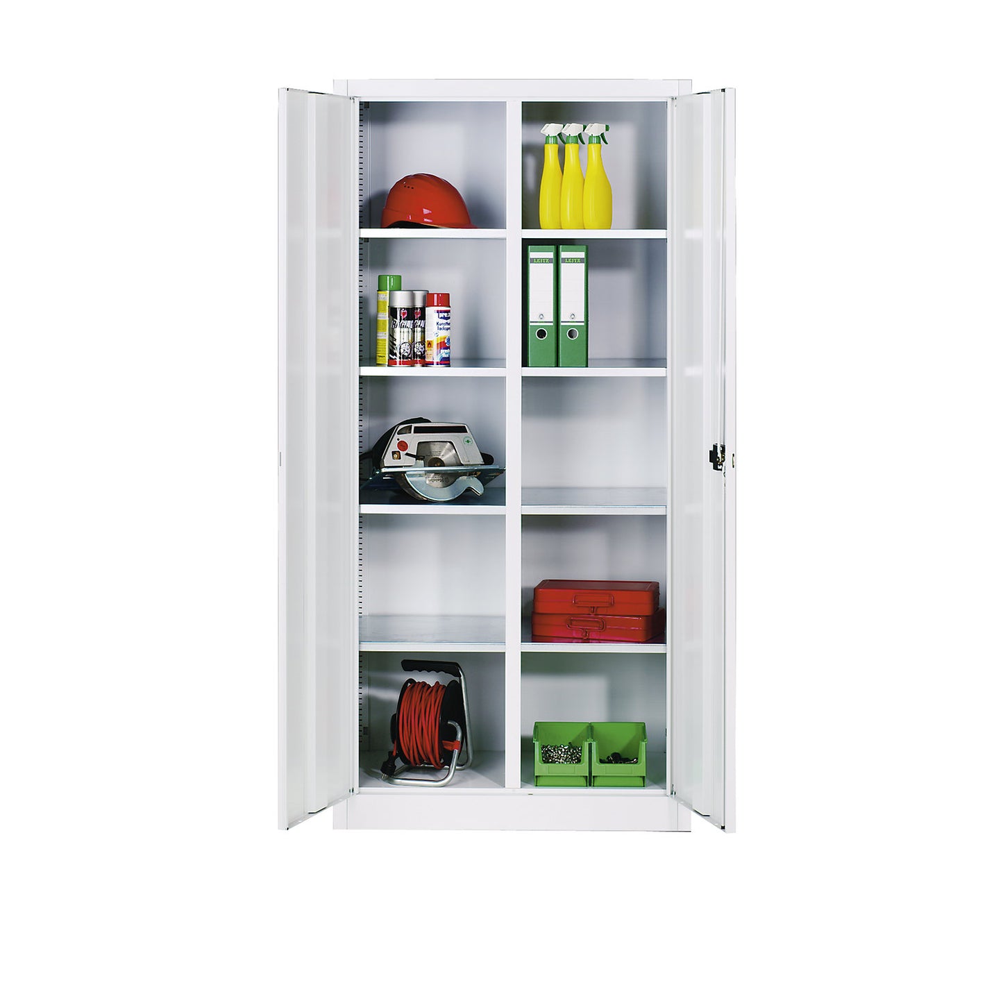 Storage cupboard made of sheet steel, 8 shelves, HxWxD 1950 x 1200 x 500 mm, light grey.