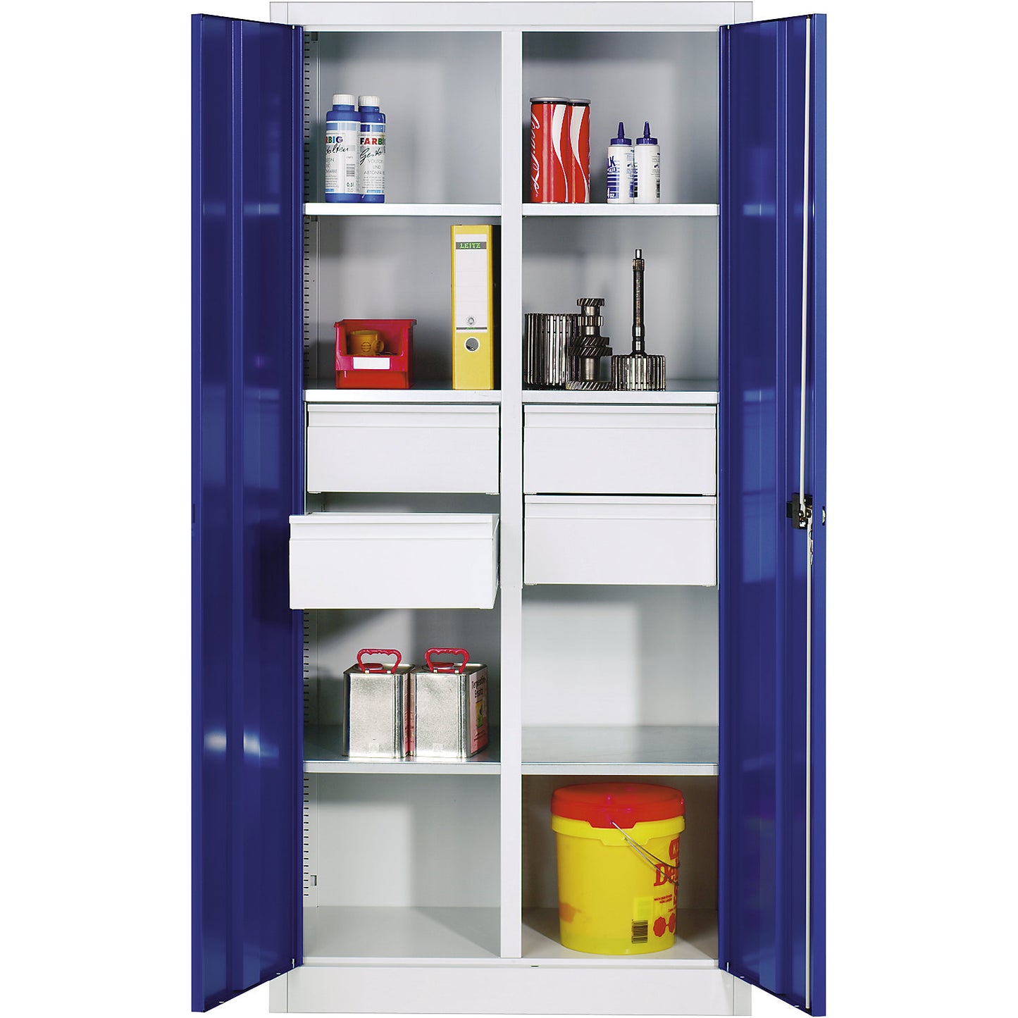 Storage cupboard made of sheet steel, 6 shelves, 4 drawers, HxWxD 1950 x 1200 x 500 mm, gentian blue doors, light grey body.