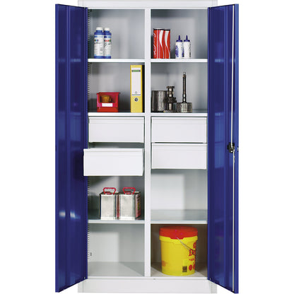 Storage cupboard made of sheet steel, 6 shelves, 4 drawers, HxWxD 1950 x 930 x 500 mm, gentian blue doors, light grey body.