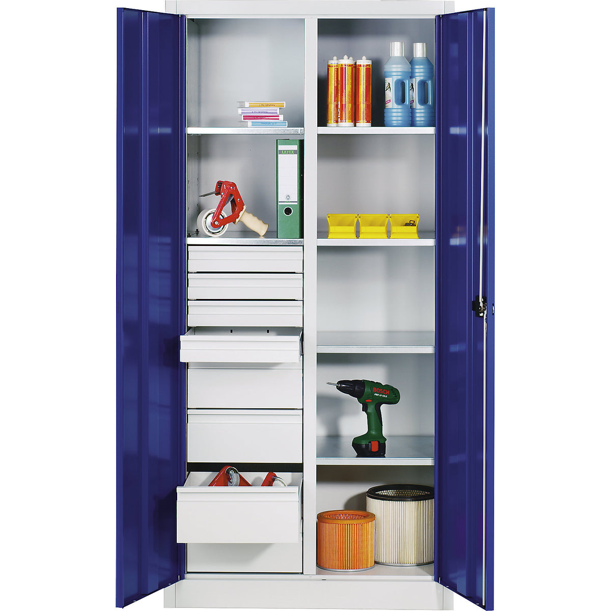 Storage cupboard made of sheet steel, 6 shelves, 8 drawers, HxWxD 1950 x 930 x 500 mm, gentian blue doors, light grey body.