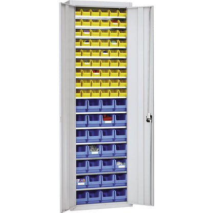Storage cupboard with open fronted storage bins, HxWxD 2150 x 680 x 280 mm, single colour, grey, 82 bins.
