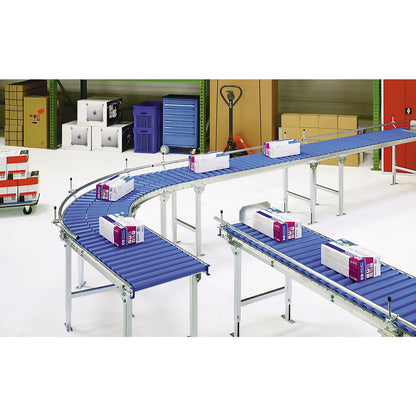 Light duty roller conveyor, aluminium frame with plastic rollers, track width 300 mm, axle spacing 75 mm, length 2.0 m.