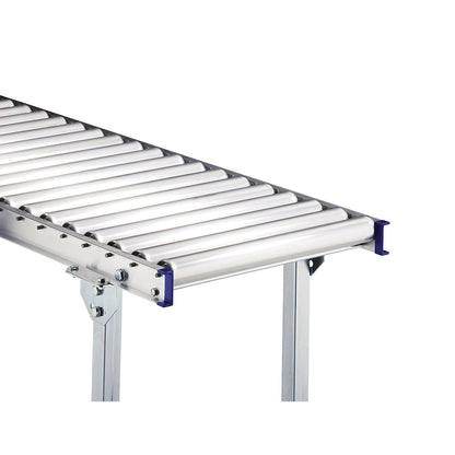 Light duty roller conveyor, aluminium frame with aluminium rollers, track width 600 mm, axle spacing 100 mm, length 1.5 m.