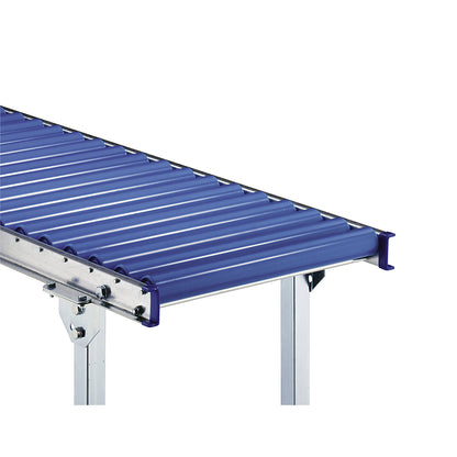 Light duty roller conveyor, steel frame with plastic rollers, track width 300 mm, axle spacing 100 mm, length 1 m.