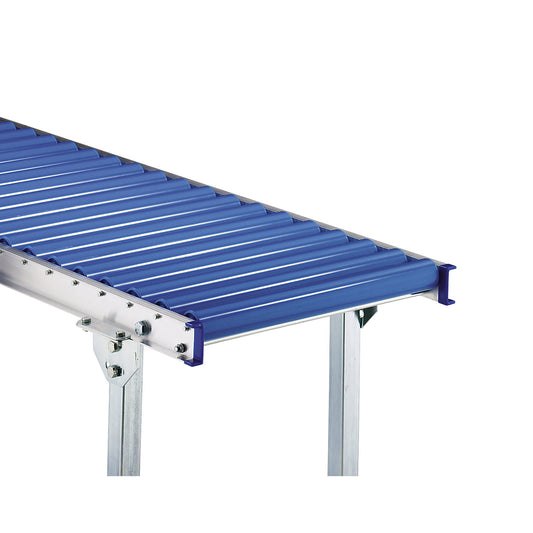 Light duty roller conveyor, aluminium frame with plastic rollers, track width 300 mm, axle spacing 62.5 mm, length 1.5 m.