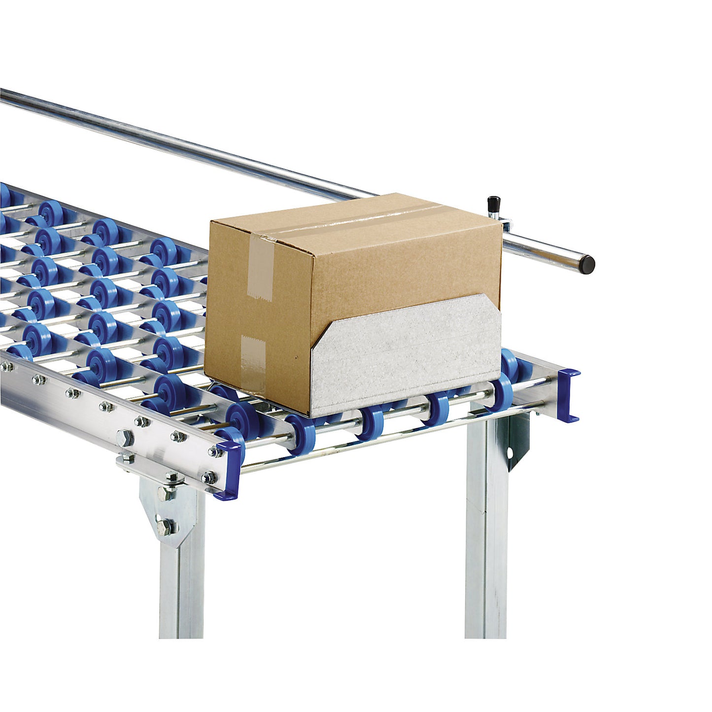 End stop, for skate wheel conveyor, track width 300 - 600 mm.