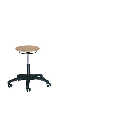 Industrial stool, gas-lift height adjustment, beech plywood seat, with castors.
