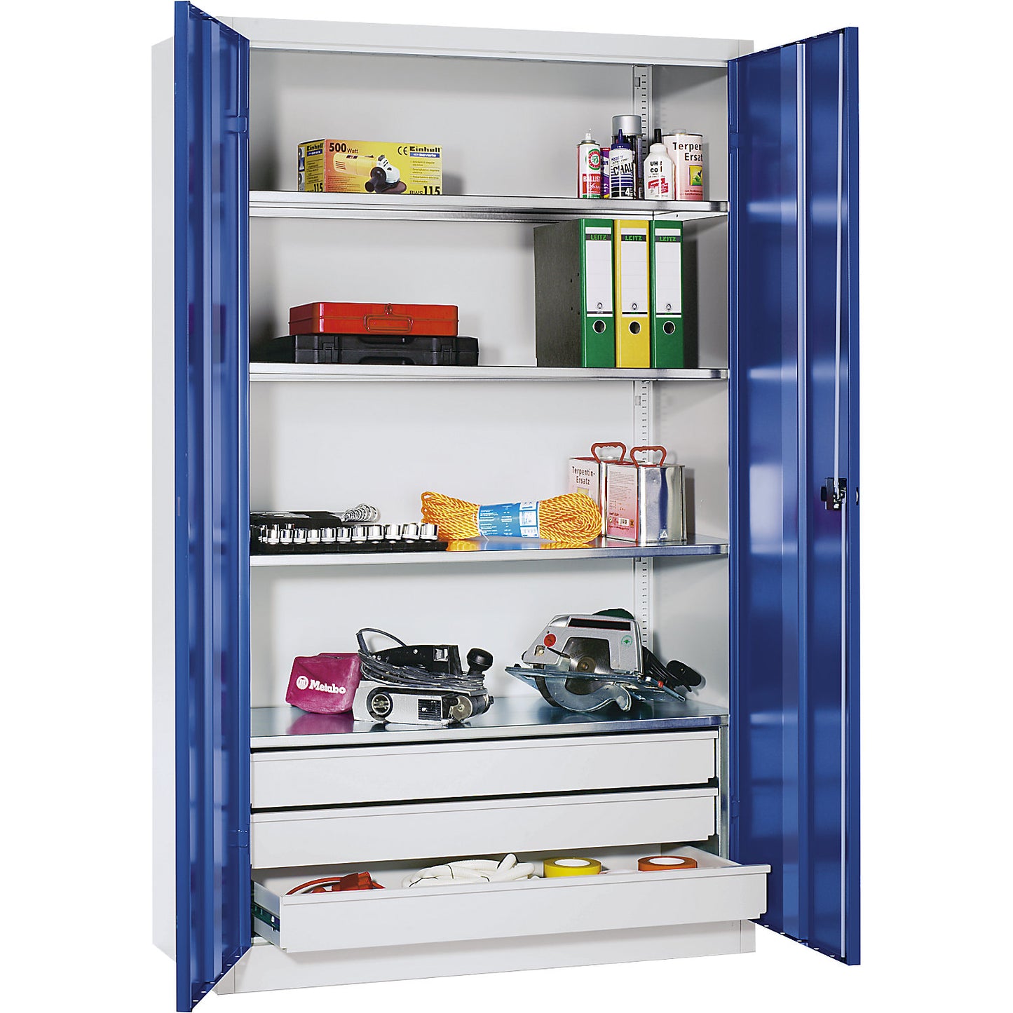 Large cupboard, extra high, HxW 1950 x 1200 mm, depth 500 mm, gentian blue doors.