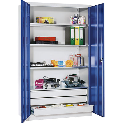 Large cupboard, extra high, HxW 1950 x 1200 mm, depth 500 mm, gentian blue doors.