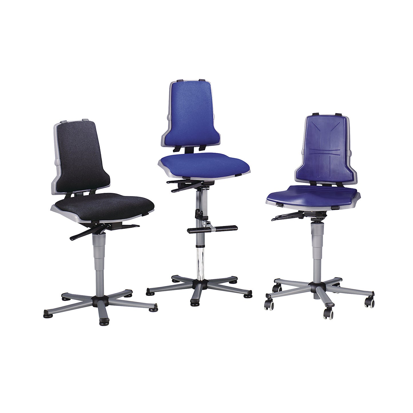 SINTEC industrial swivel chair, synchronous mechanism, five-foot tubular steel base with floor glides.