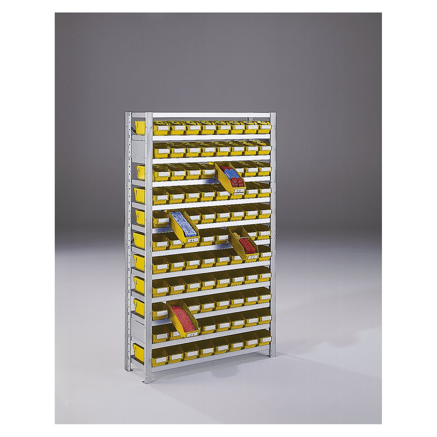 Boltless shelving unit with shelf bins, shelf unit height 1790 mm, basic shelf unit, depth 300 mm, 88 bins - yellow.