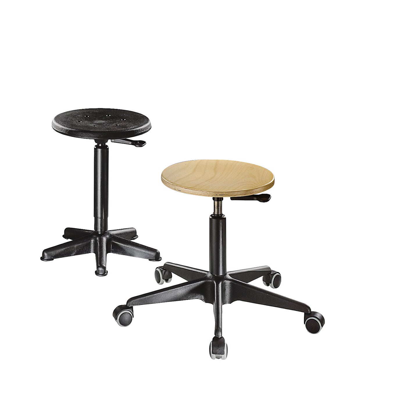 Industrial stool with gas lift height adjustment, tubular steel five-star base with castors, polyurethane foam seat in black.
