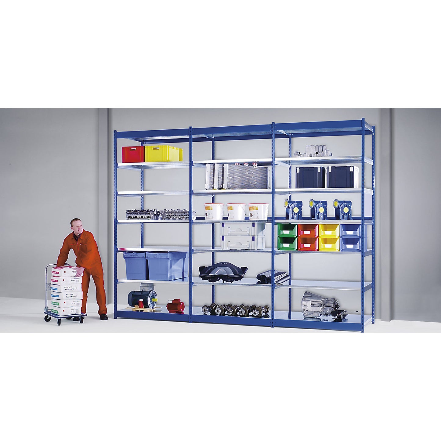 Stable boltless shelf unit, double sided, shelf unit height 2000 mm, blue / zinc-plated, shelf width 1325 mm, basic shelf unit, width x depth 1325 x 400 mm.