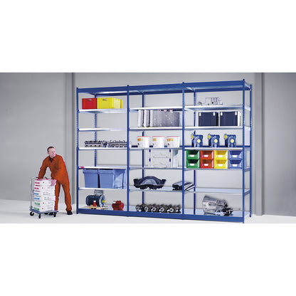 Stable boltless shelf unit, double sided, shelf unit height 2000 mm, blue / zinc-plated, shelf width 1325 mm, basic shelf unit, width x depth 1325 x 400 mm.