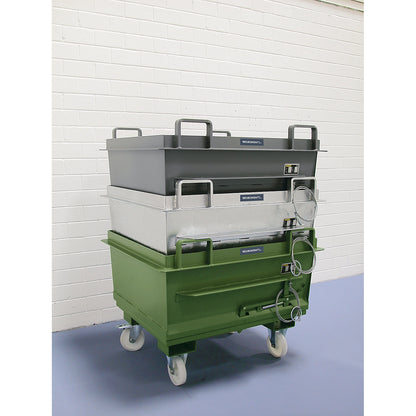 Conical hinged bottom skip, capacity 0.7 m³, max. load 1500 kg, light blue RAL 5012.