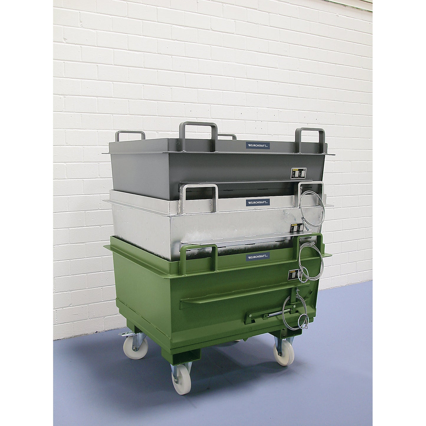 Conical hinged bottom skip, capacity 1.0 m³, max. load 2000 kg, yellow orange RAL 2000.