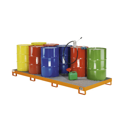 Steel sump tray, sump capacity 240 l, for 10 x 200 l drums, orange.