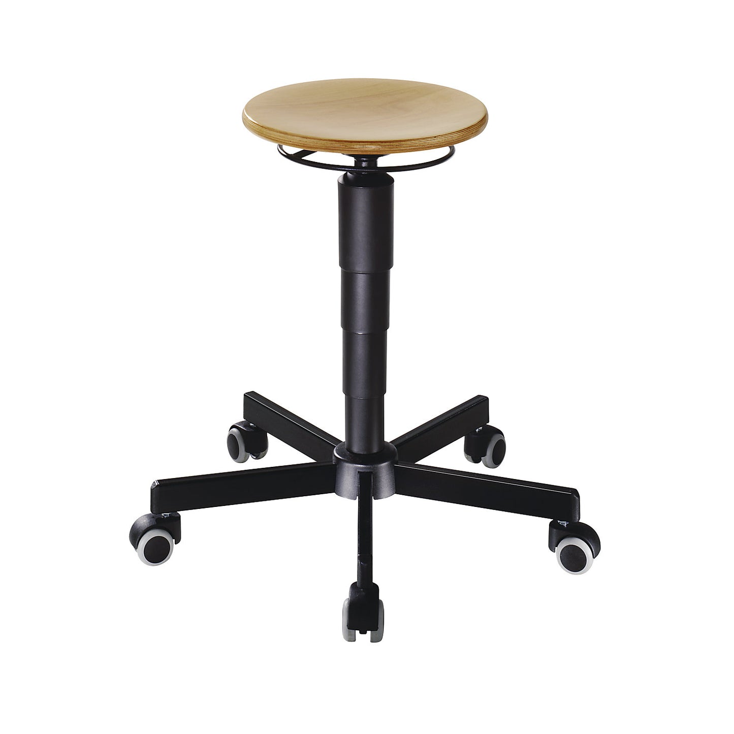 Swivel stools, gas lift height adjustment, release spring, beech plywood seat, with castors.