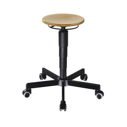 Swivel stools, gas lift height adjustment, release spring, beech plywood seat, with castors.