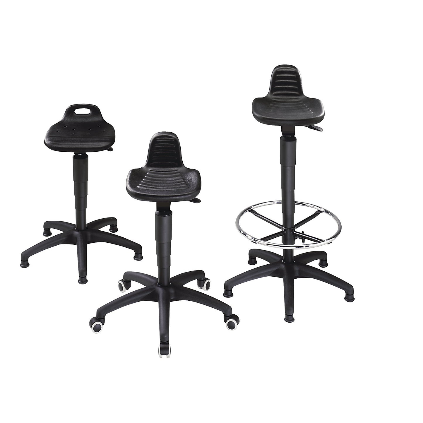 Industrial stool, polyurethane foam seat, with castors.