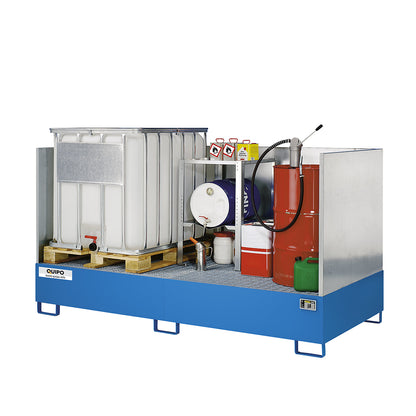 Steel sump tray for IBC/CTC tank containers, LxWxH 2650 x 1300 x 435 mm, sump capacity 1000 l, painted, blue RAL 5012.