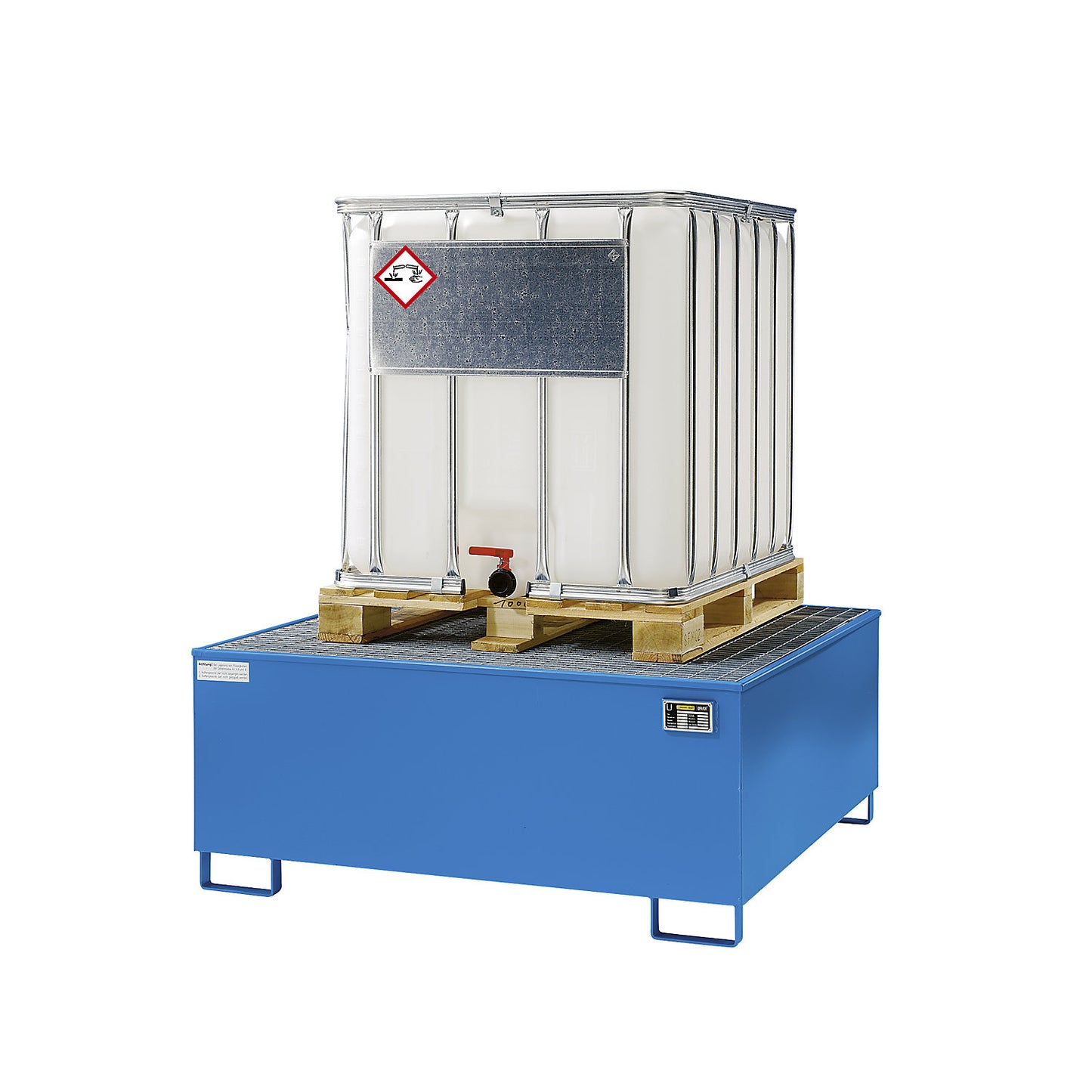 Steel sump tray with PE insert, 1000 l, for 1 x IBC/CTC, LxWxH 1475 x 1475 x 630 mm, painted blue.