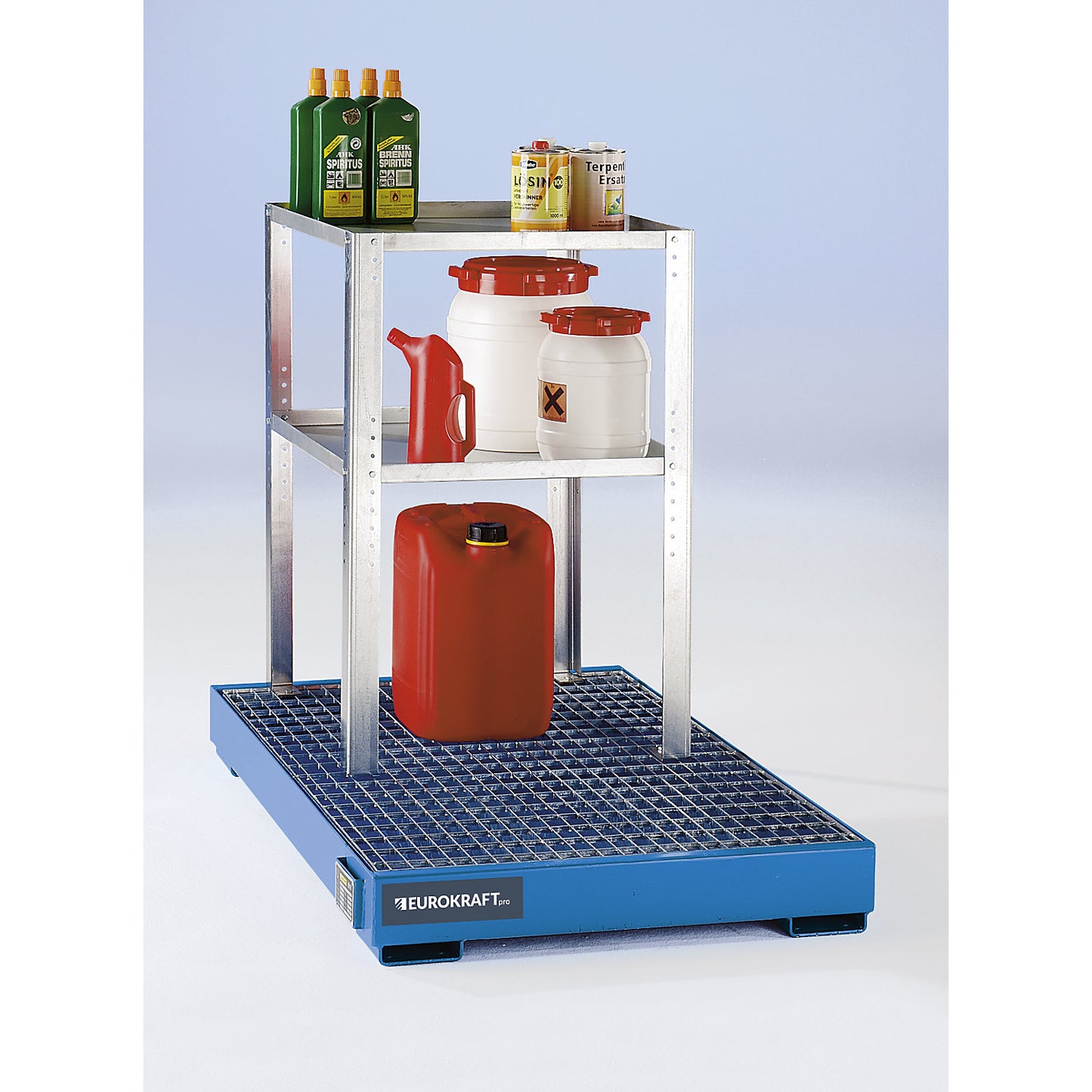 Drum and small container rack, with 2 tray shelves, HxWxD 900 x 698 x 608 mm.
