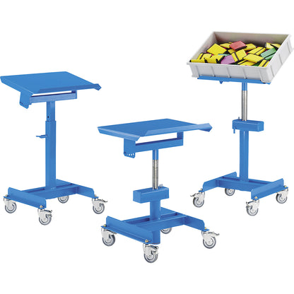 Work stand, max. load 150 kg, mobile, height adjustment without load with pneumatic fall arrest, height adjustment range 720 - 1070 mm.